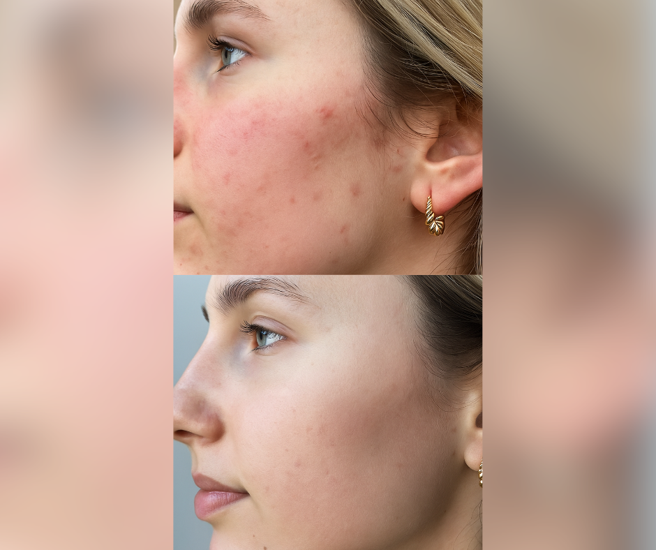 Patient before and after treatment showing reduced facial redness and clearer skin