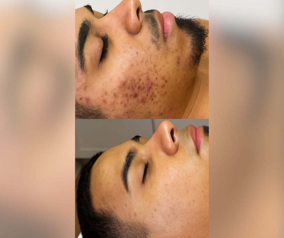 Patient before and after treatment showing improvement in acne and scarring