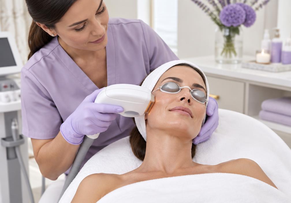 Professional IPL photofacial treatment in a bright clinical setting