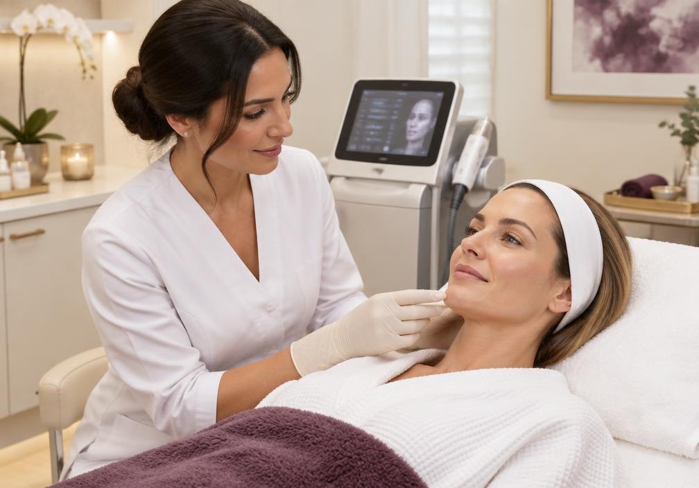 Aesthetic professional consulting with a client about skin resurfacing